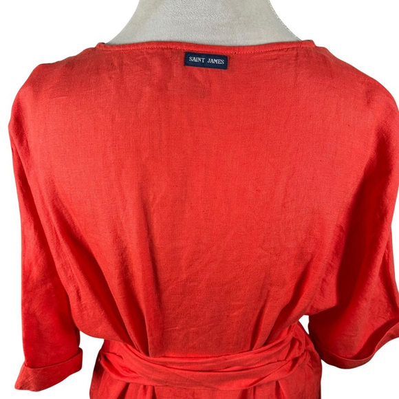 Saint James Wrap Dress Orange Linen Logo Lined S/S Beachy Preppy Size US 12 44F - Picture 8 of 14